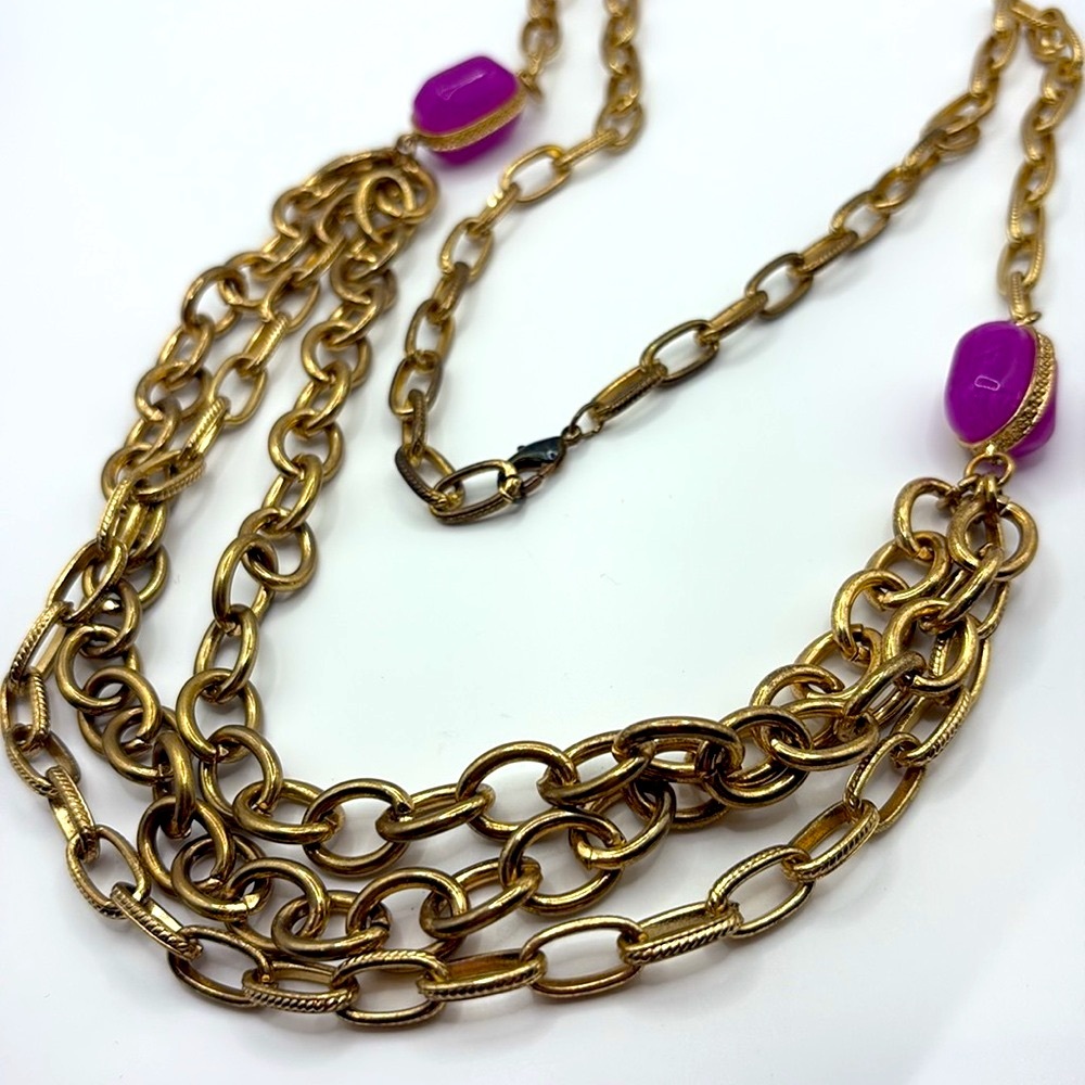 Vintage 80’s Gold Necklace with Purple Lucite Highlights 3 Layer Chain 16–18”